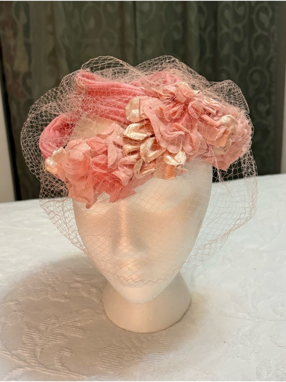 Vintage Pink Floral Veiled Fascinator Hat